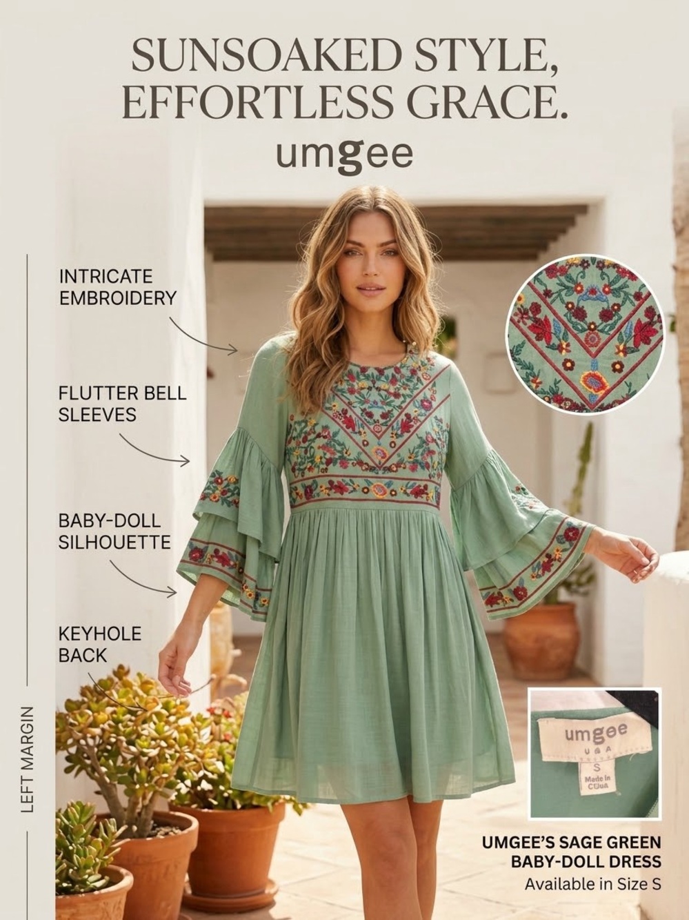 Umgee Sage Green Embroidered Babydoll Dress